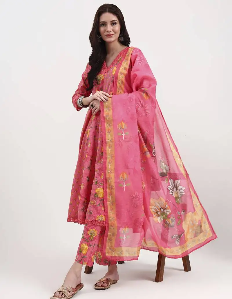 Pink floral print cotton anarkali kurta trouser dupatta set one pocket kurta