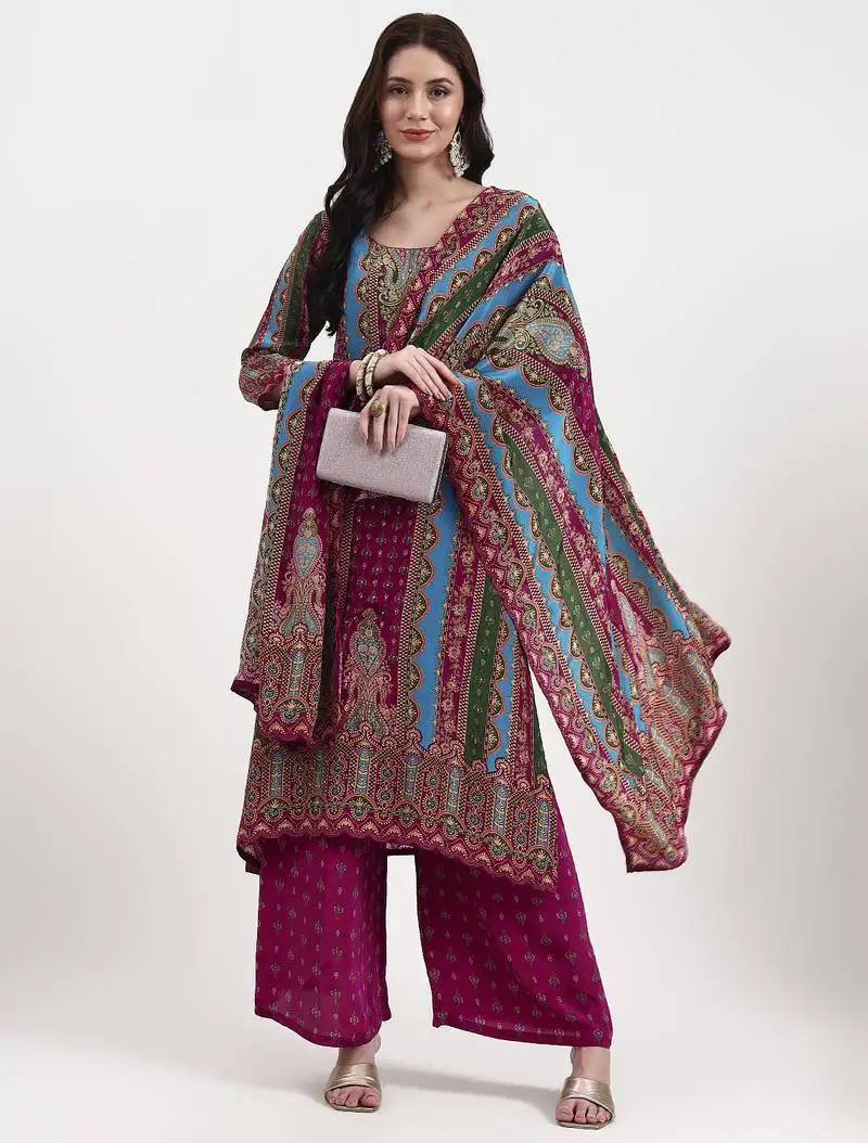Purple and blue floral natural silk crepe a-line have a lining kurta palazzo dupatta set