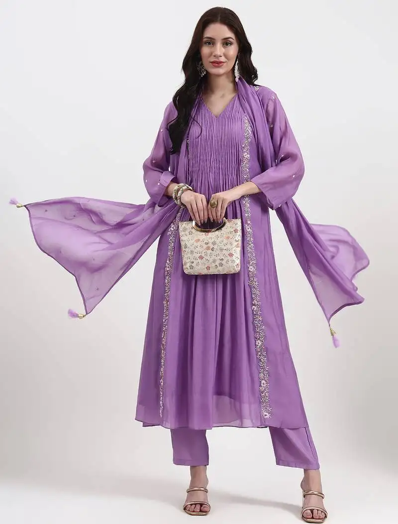 Purple mul chanderi kurta dupatta pant set with handwork