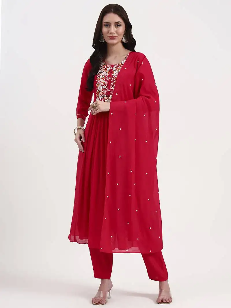 Pink solid chanderi silk a-line kurta trouser dupatta set