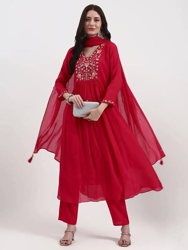 Pink embroidered chanderi silk a-line kurta trouser dupatta set