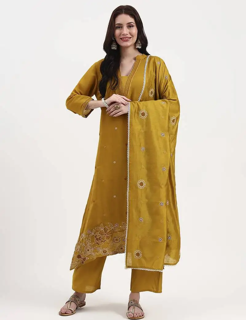 Mustard kantha work chanderi silk a-line kurta trouser dupatta set