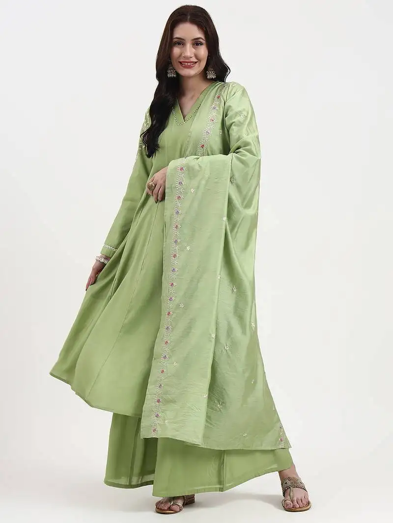 Green solid roman silk anarkali kurta palazzo dupatta set