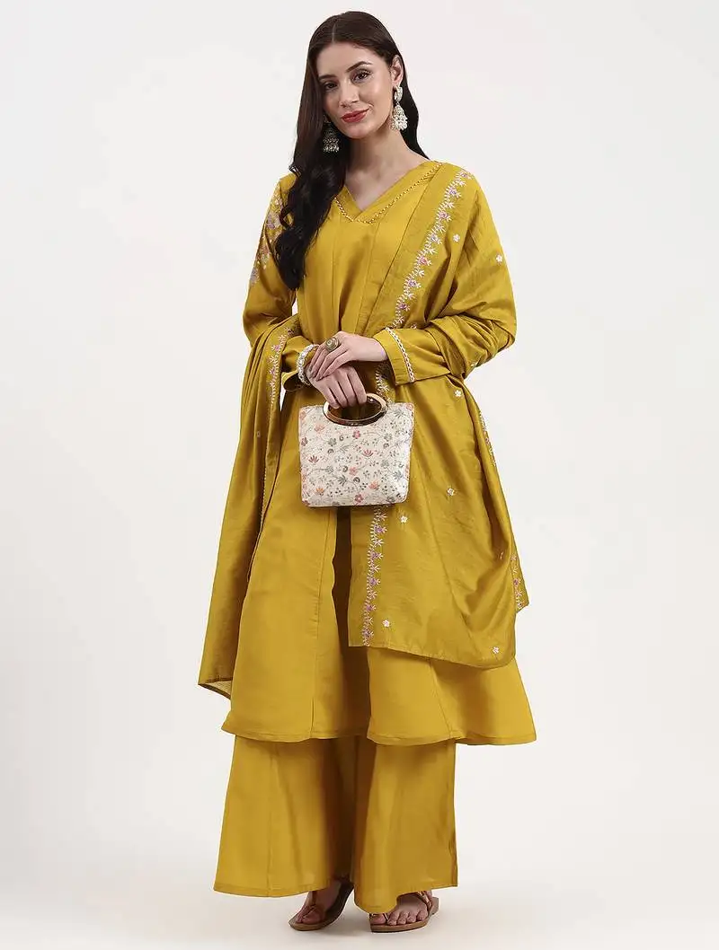 Mustard solid roman silk anarkali kurta palazzo dupatta set