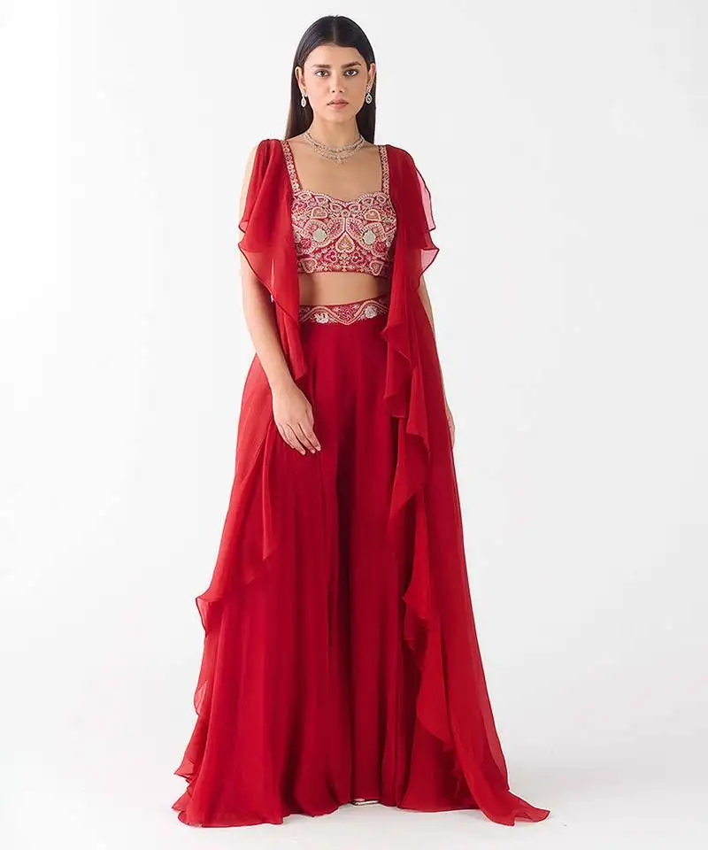 Red embroidered chiffon cape set
