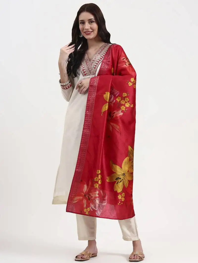 Cream chanderi a line dori embroidery kurta set with pant and dupatta