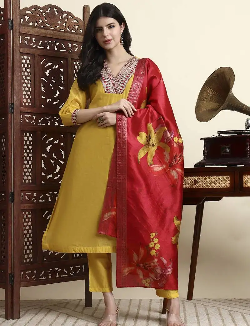 Yellow chanderi a line dori embroidery kurta set with pant and dupatta