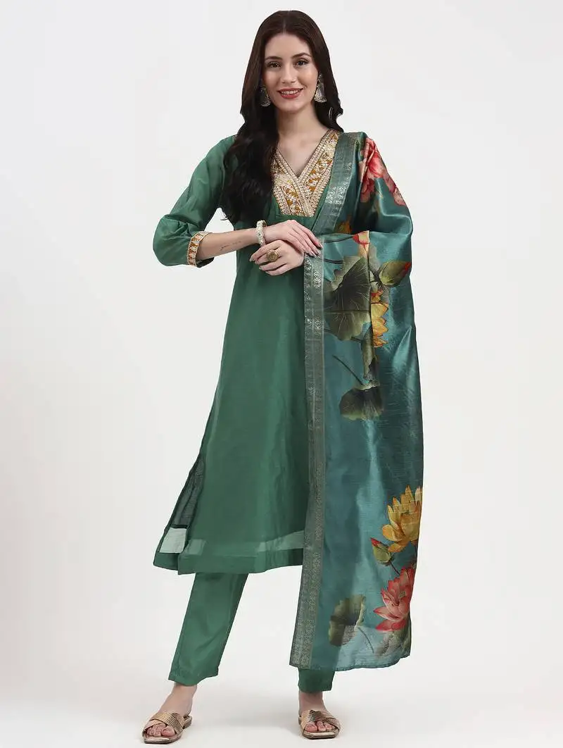Green chanderi a line dori embroidery kurta set with pant and dupatta