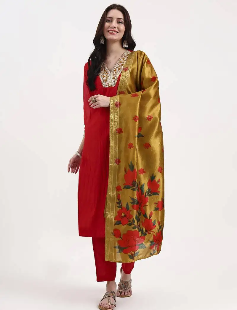 Red chanderi a line dori embroidery kurta set with pant and dupatta