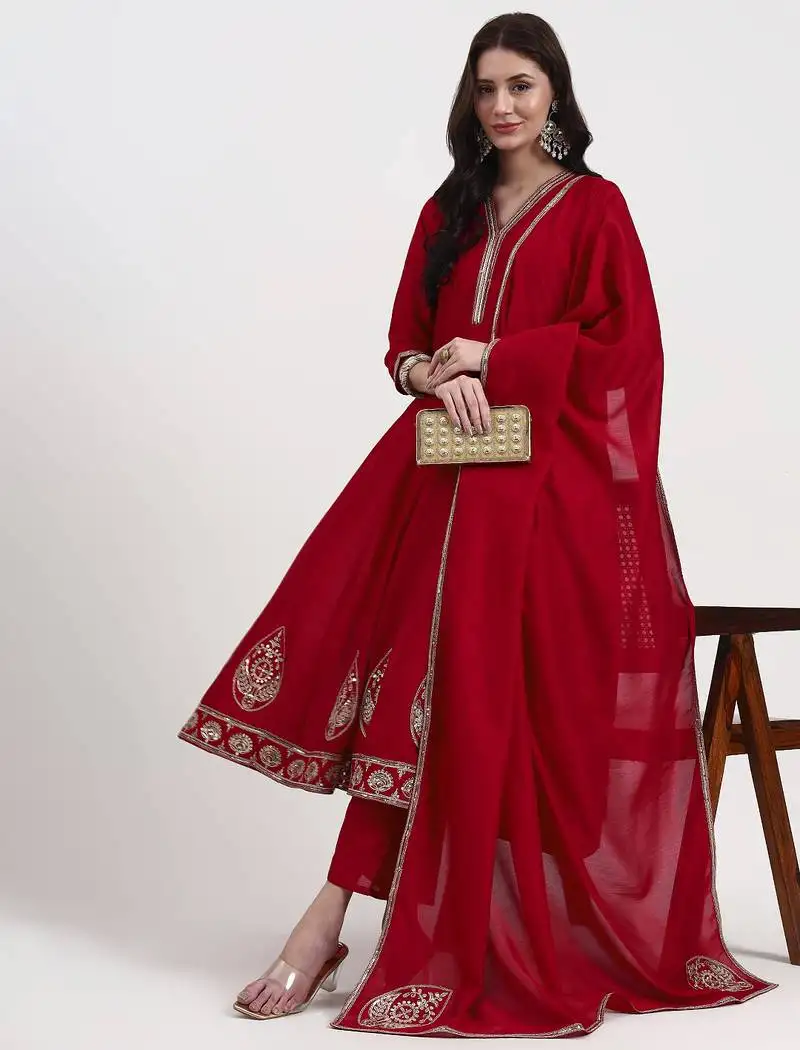 Red vichitra kalidaar kurta set with pant and dupatta