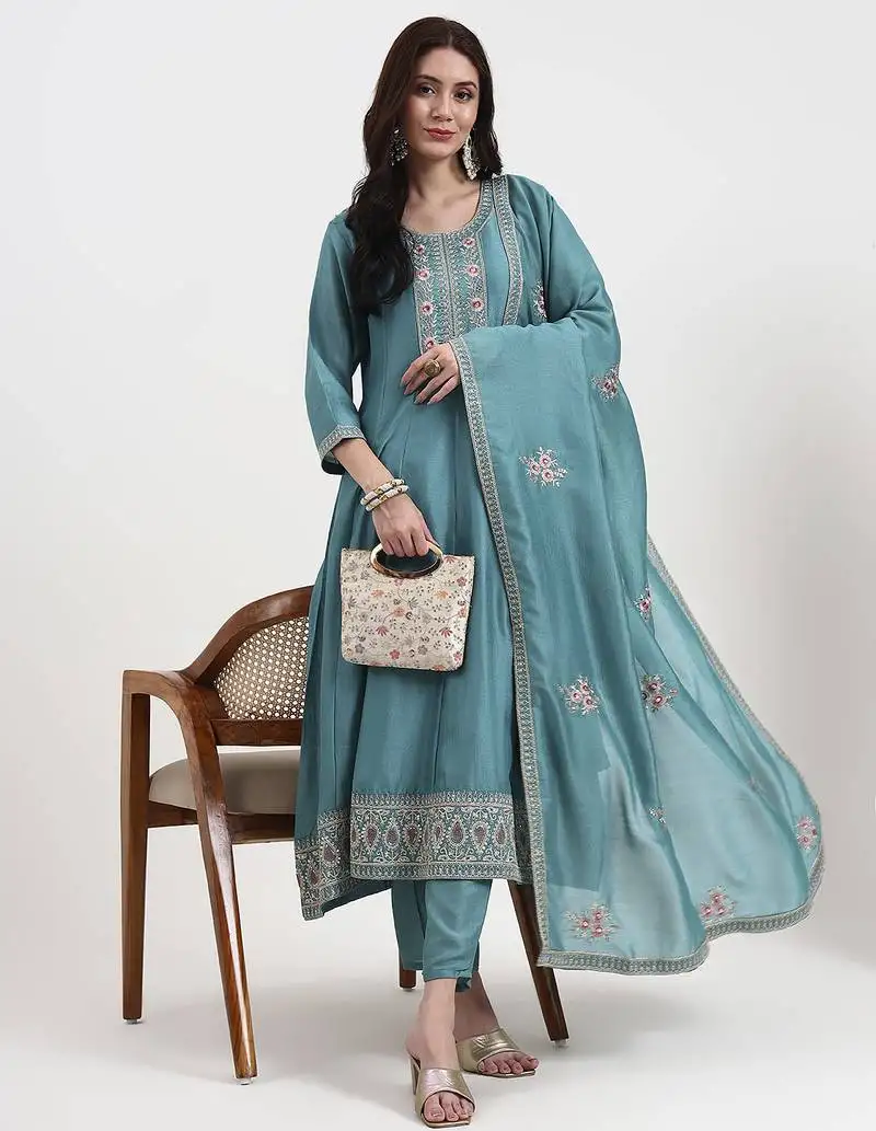Turquoise blue vichitra kalidaar kurta set with pant and dupatta