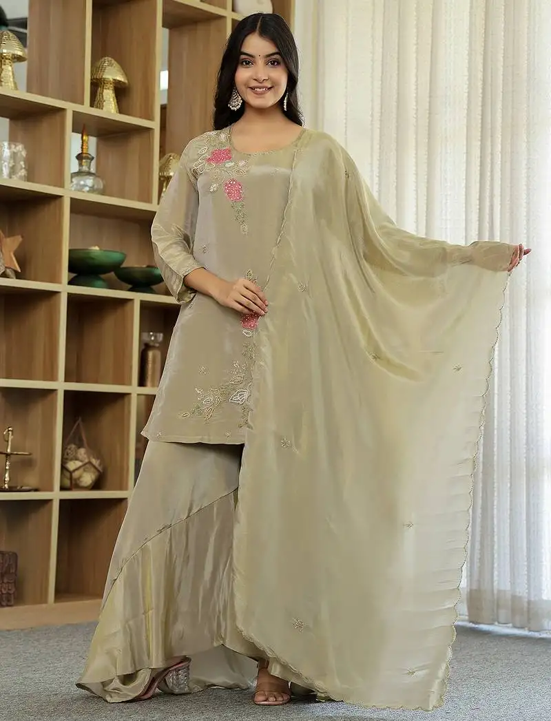Tissue green beads and stones sequins work kurta dupatta set with divider palazzo set