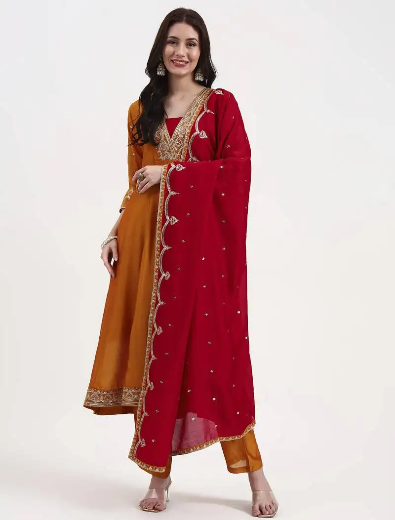 Mustard vichitra kalidaar kurta set with pant and dupatta