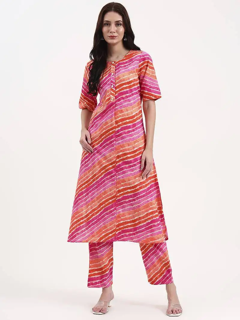 Pink cotton leheriya kurta pant set