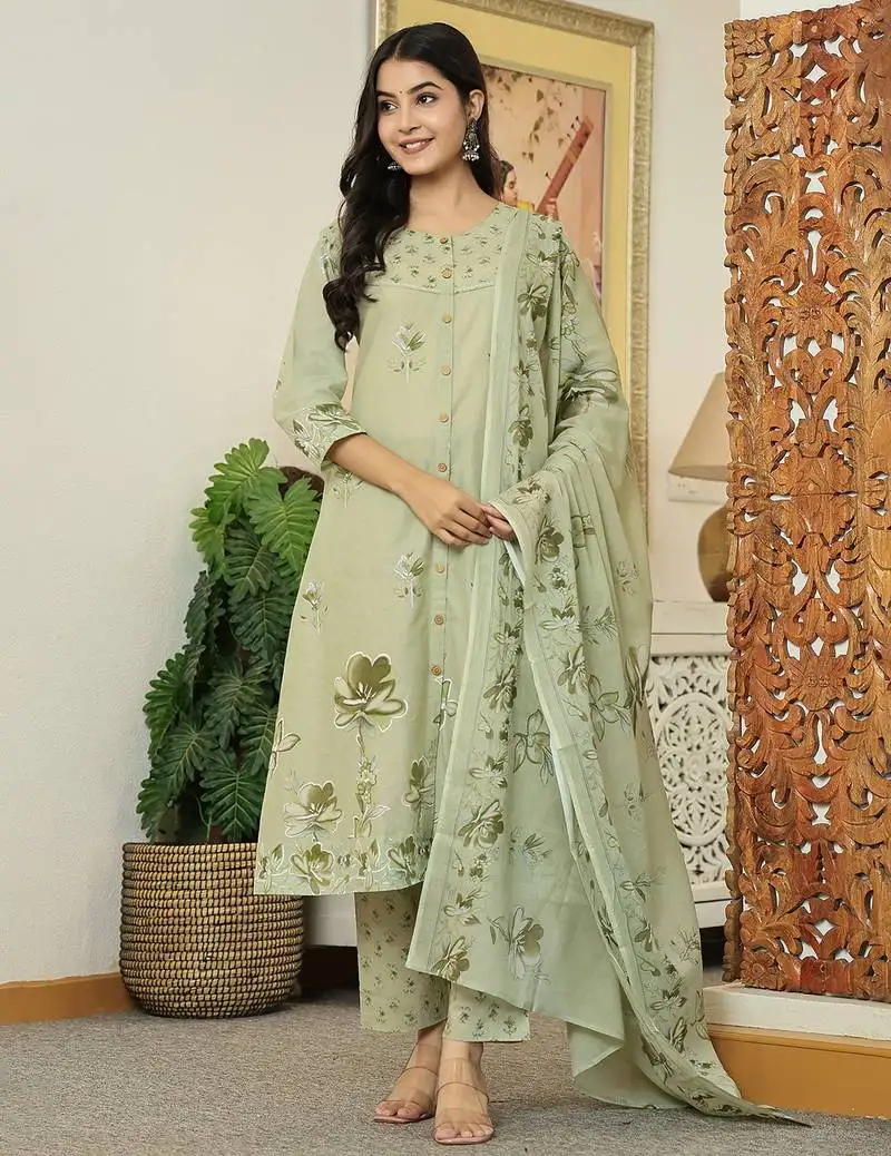 Green floral print pure cotton kantha work a-line kurta trouser dupatta set