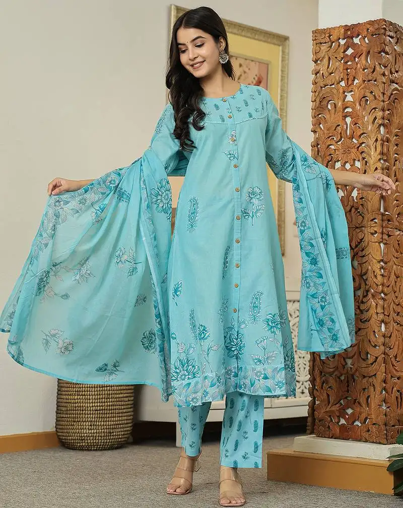 Sky blue floral print pure cotton kantha work a-line kurta trouser dupatta set