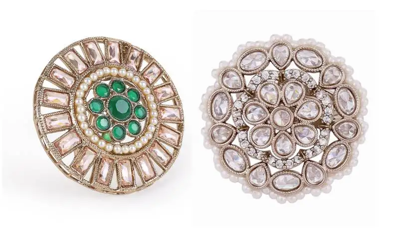 Round design green and grey stone gold plated set of 2 combo brass adjustable finger ring for women