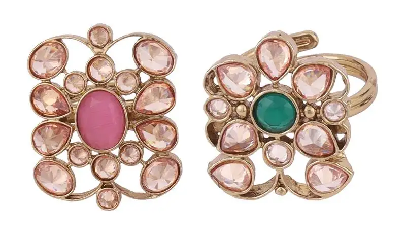 Pleasant oval shape gold plated set of 2 combo adjustable finger ring for women