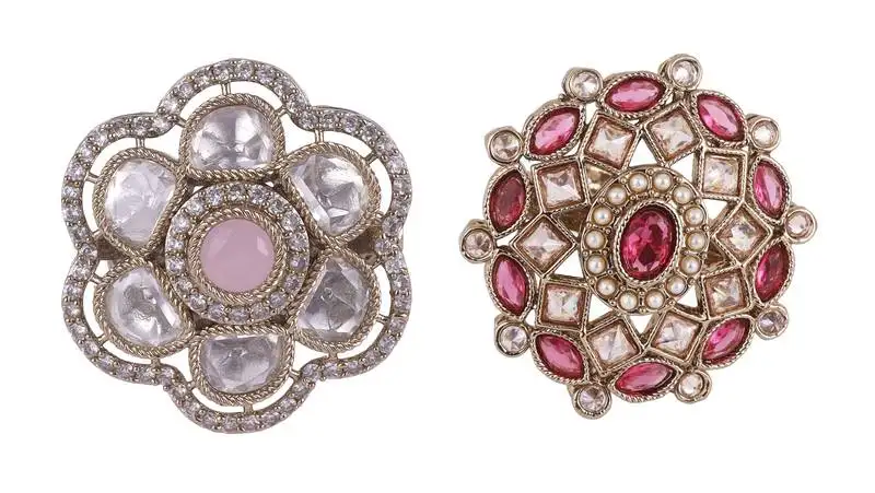 Amazing square and oval shape gold plated set of 2 combo adjustable finger ring for women and girls