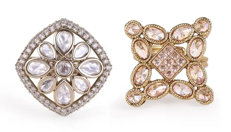 Squire shape white stone gold plated set of 2 combo brass adjustable finger ring for women