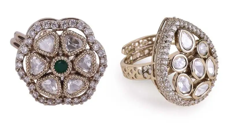 Oval shape white stone gold plated set of 2 combo brass adjustable finger ring for women