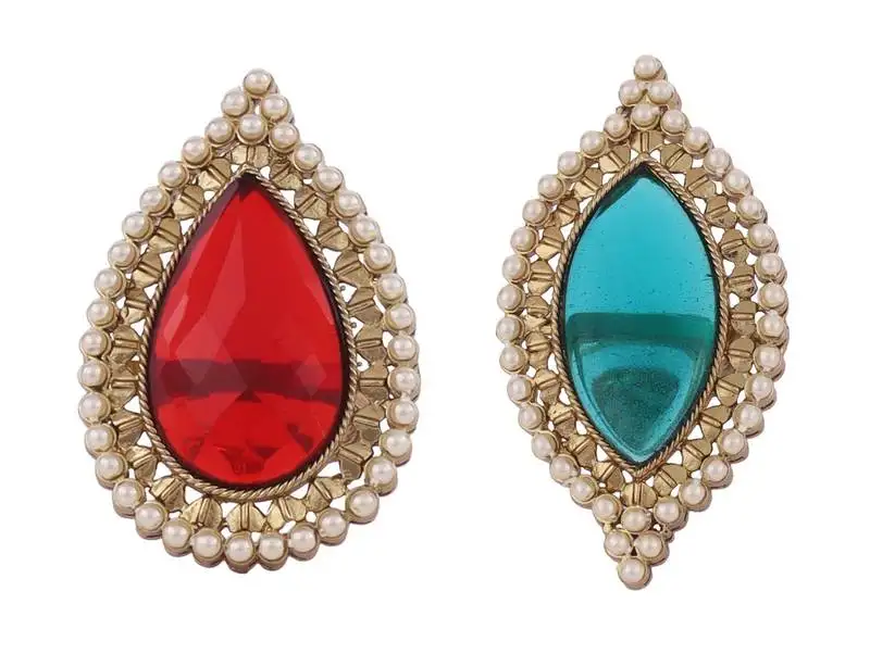 Inspired oval shape center red stone gold plated set of 2 combo adjustable finger ring for women