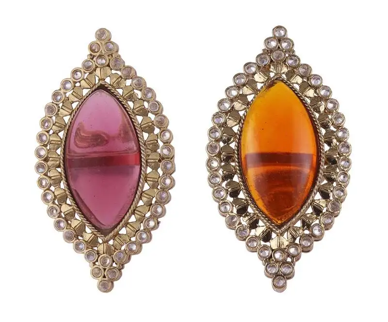 Lavish oval shape center pink stone gold plated set of 2 combo adjustable finger ring for women