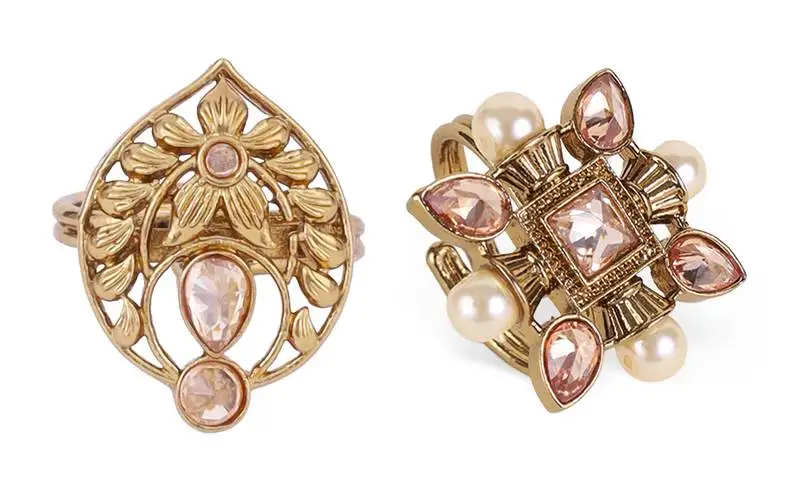 Superb flower and oval shape gold plated set of 2 combo adjustable finger ring for women