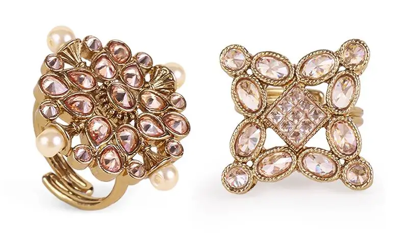 Round and flower design gold plated set of 2 combo brass adjustable finger ring for women