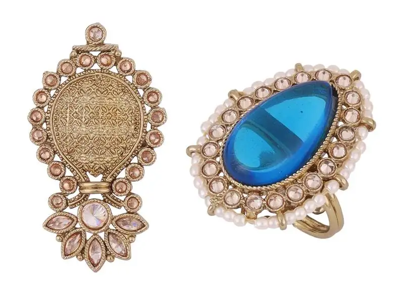 Incredible flower and kalash shape gold plated set of 2 combo adjustable finger ring for women