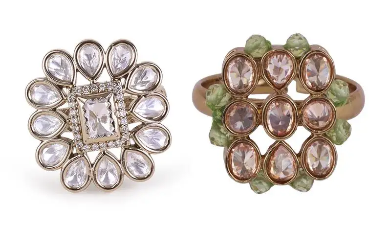 Modish round and oval shape gold plated set of 2 combo adjustable finger ring for women