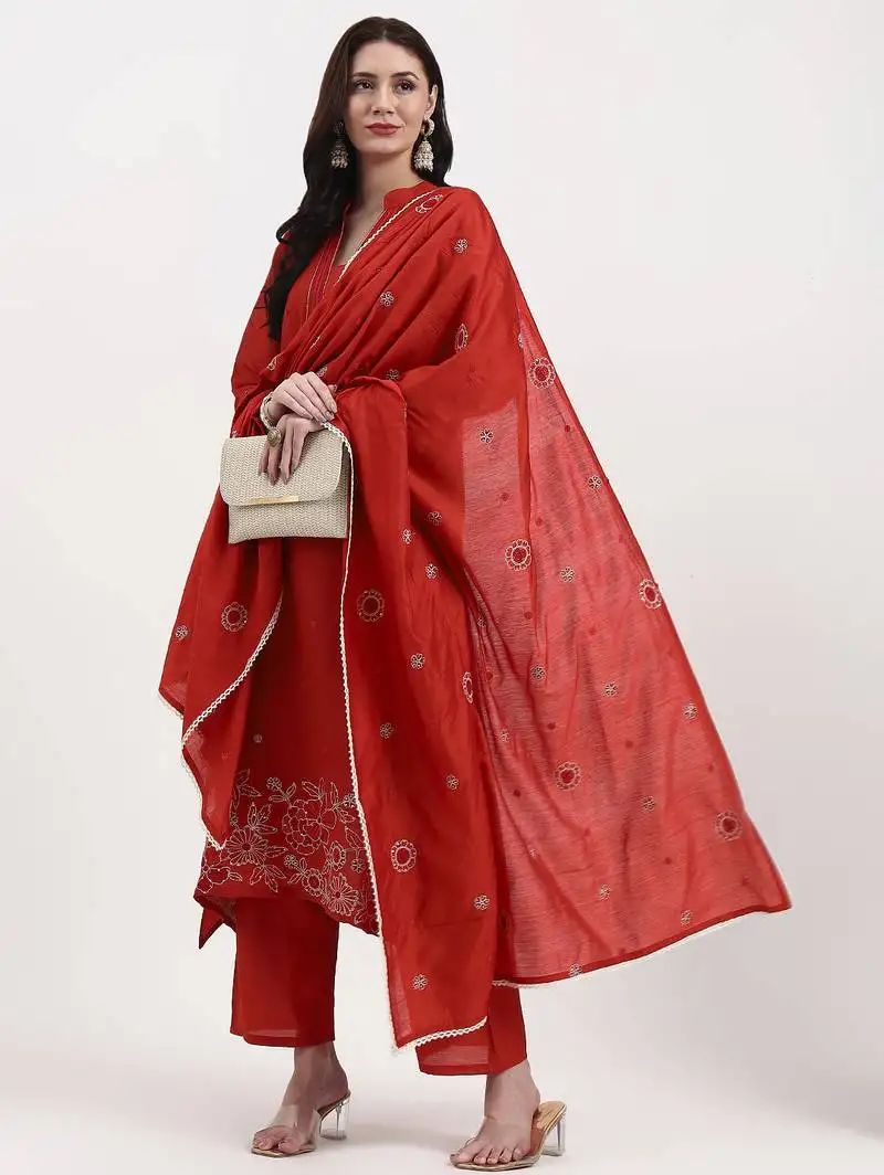 Rust kantha work chanderi silk a-line kurta trouser dupatta set