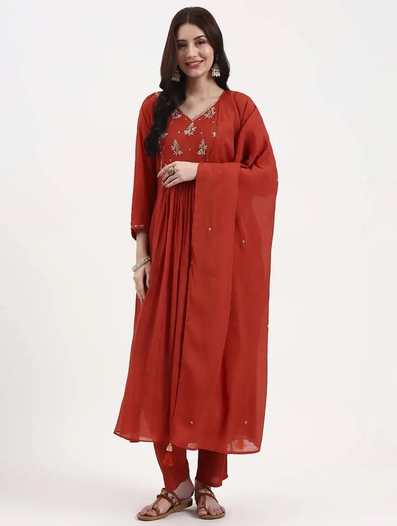 Rust solid chanderi silk a-line kurta trouser dupatta set