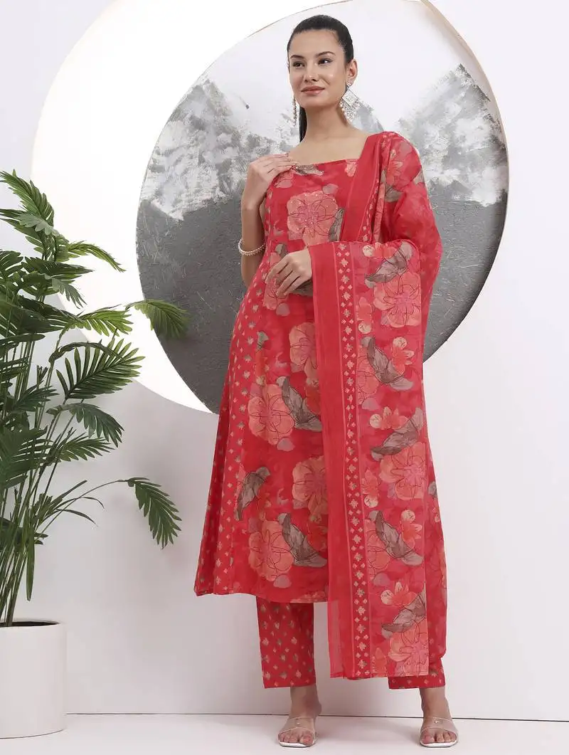 Red floral print sequins work cotton kurta trouser with dupatta set