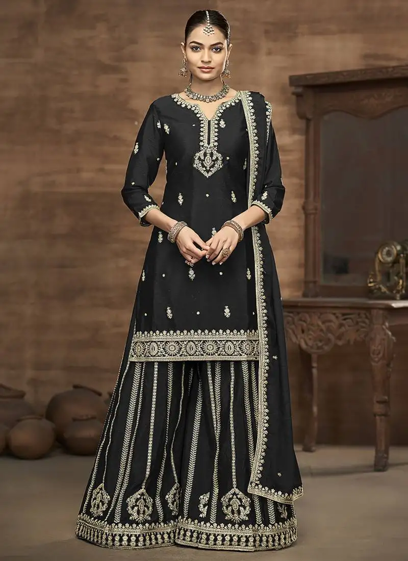 Black embroidered zari work silk palazzo ( full stitched free size )