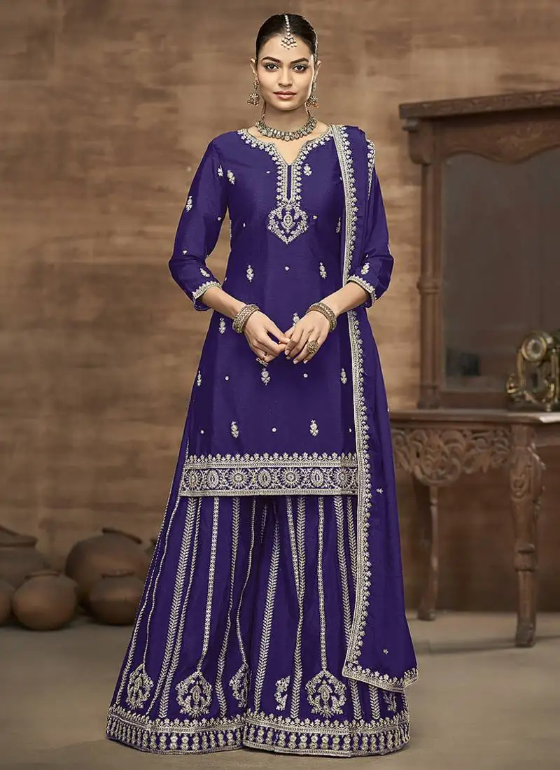 Violet embroidered zari work silk palazzo ( full stitched free size )