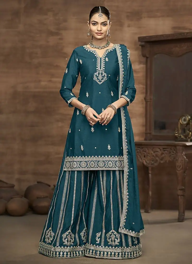 Teal blue embroidered zari work silk palazzo ( full stitched free size )