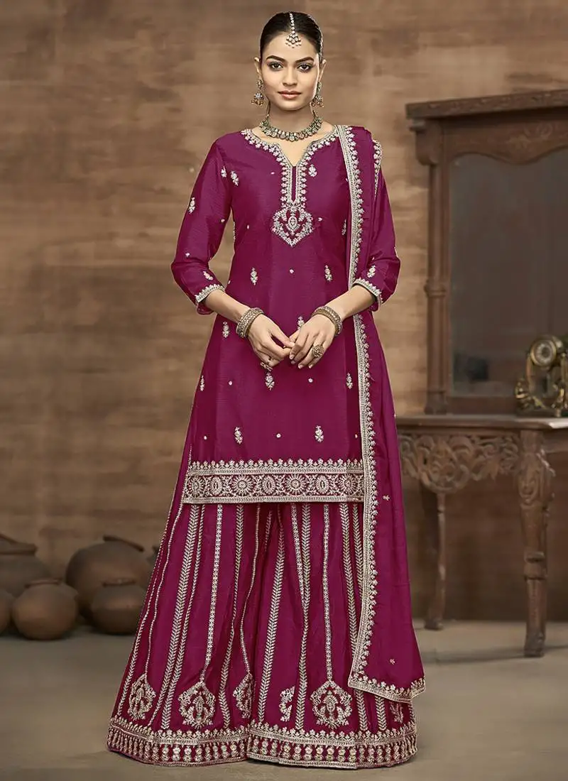 Rani pink embroidered zari work silk palazzo ( full stitched free size )
