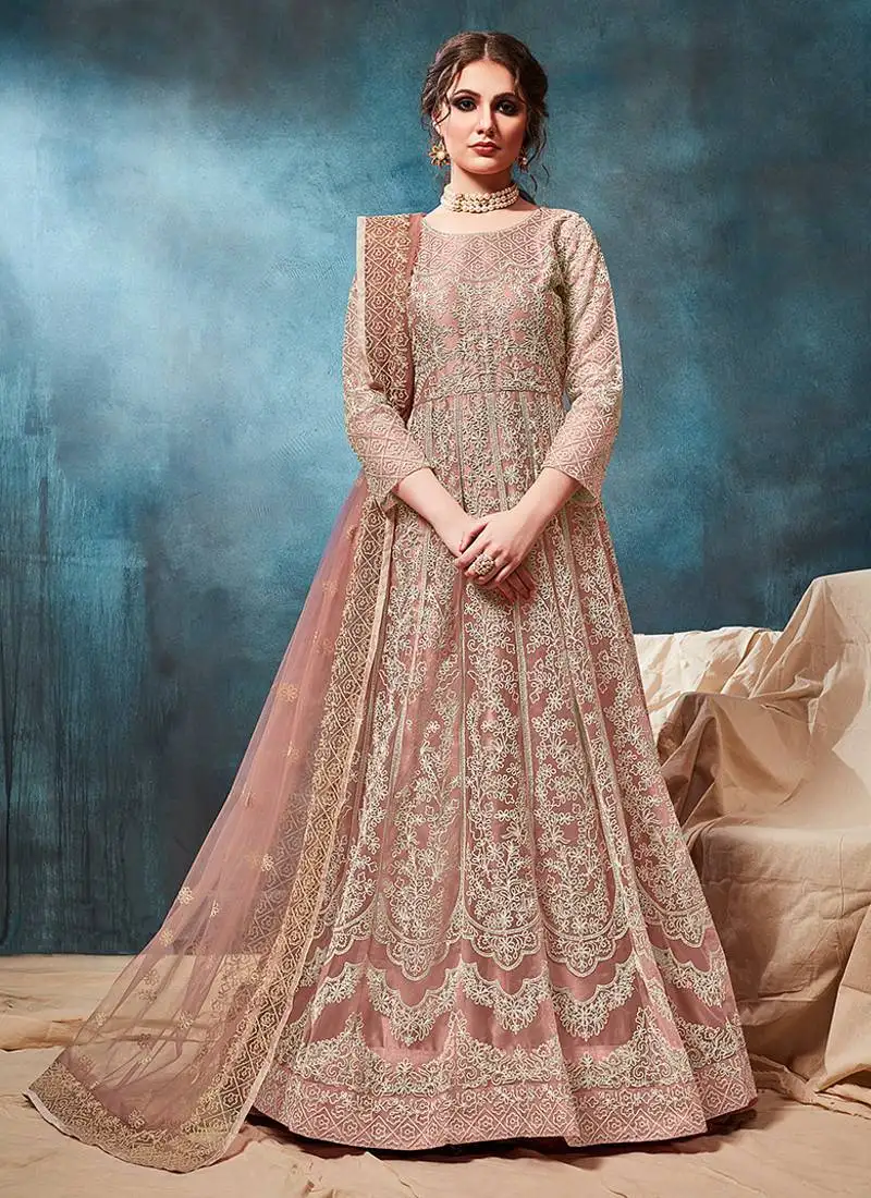 Peach embroidered net anarkali suit semi stitched