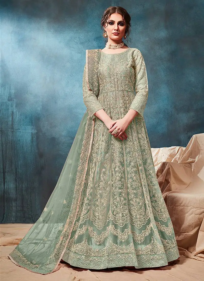 Green embroidered net anarkali suit semi stitched