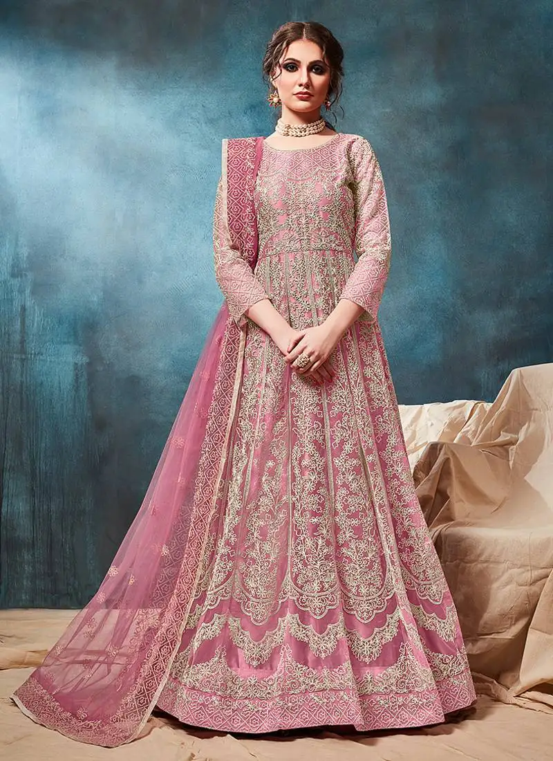 Pink embroidered net anarkali suit semi stitched