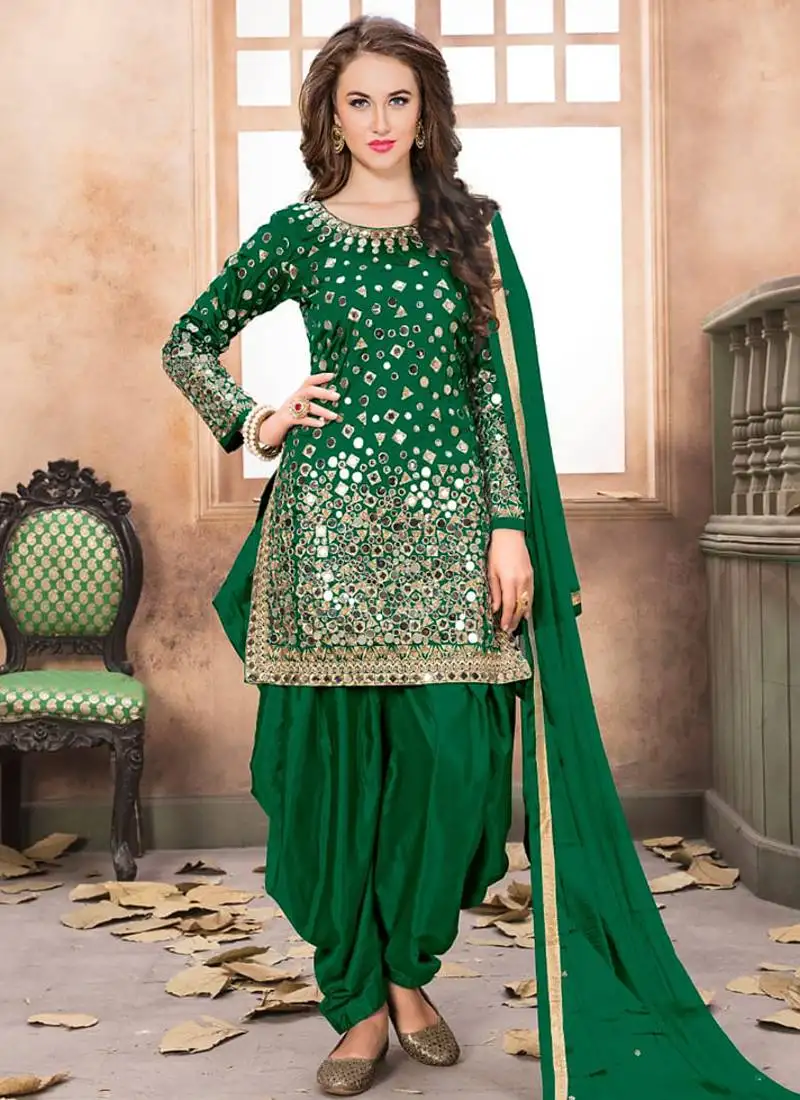 Green embroidered mirror work silk patiala suits semi stitched