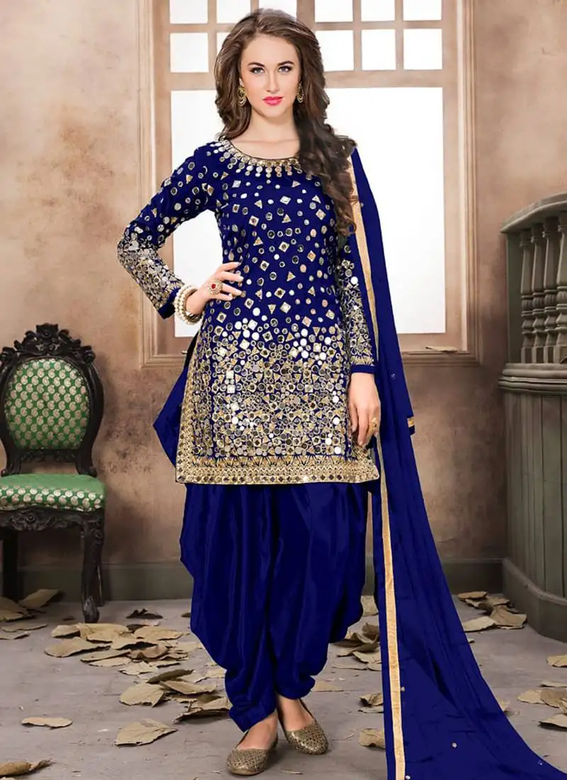 Blue embroidered mirror work silk patiala suits semi stitched