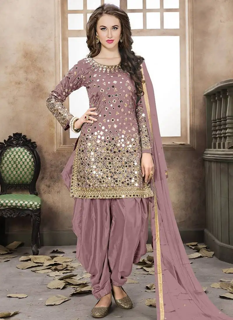 Beige embroidered mirror work silk patiala suits semi stitched