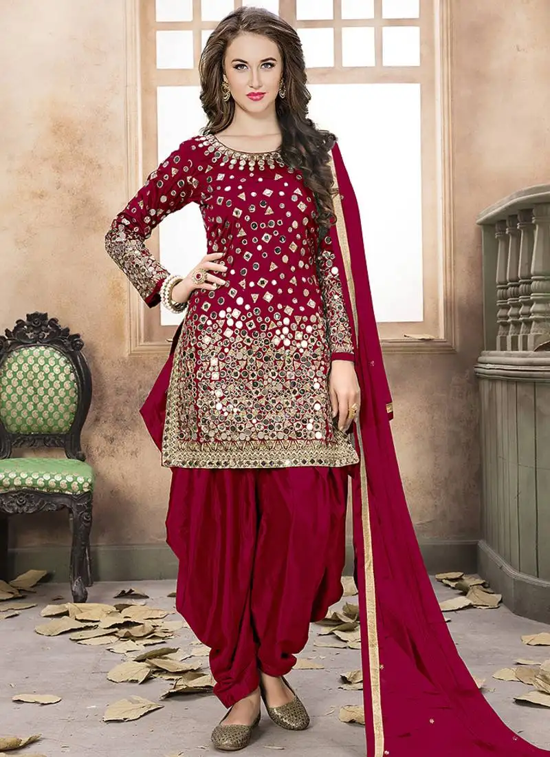Red embroidered mirror work silk patiala suits semi stitched