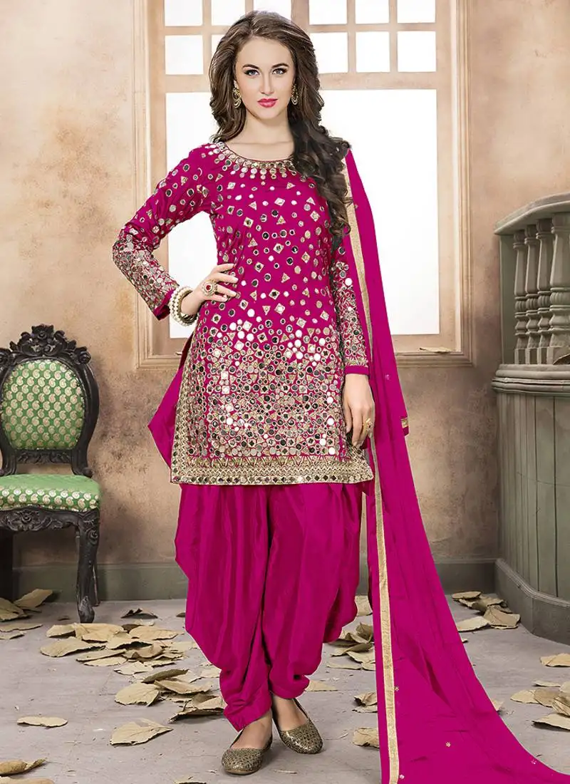 Pink embroidered mirror work silk patiala suits semi stitched