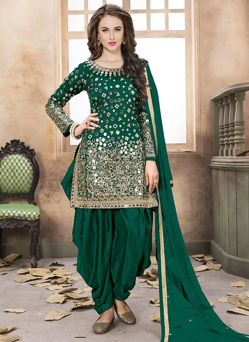 Dark green embroidered mirror work silk patiala suits semi stitched