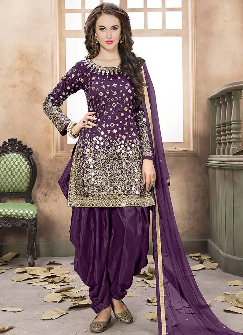 Purple embroidered mirror work silk patiala suits semi stitched