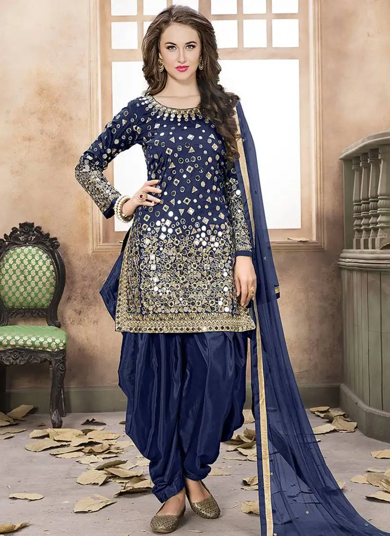 Navy blue embroidered mirror work silk patiala suits semi stitched