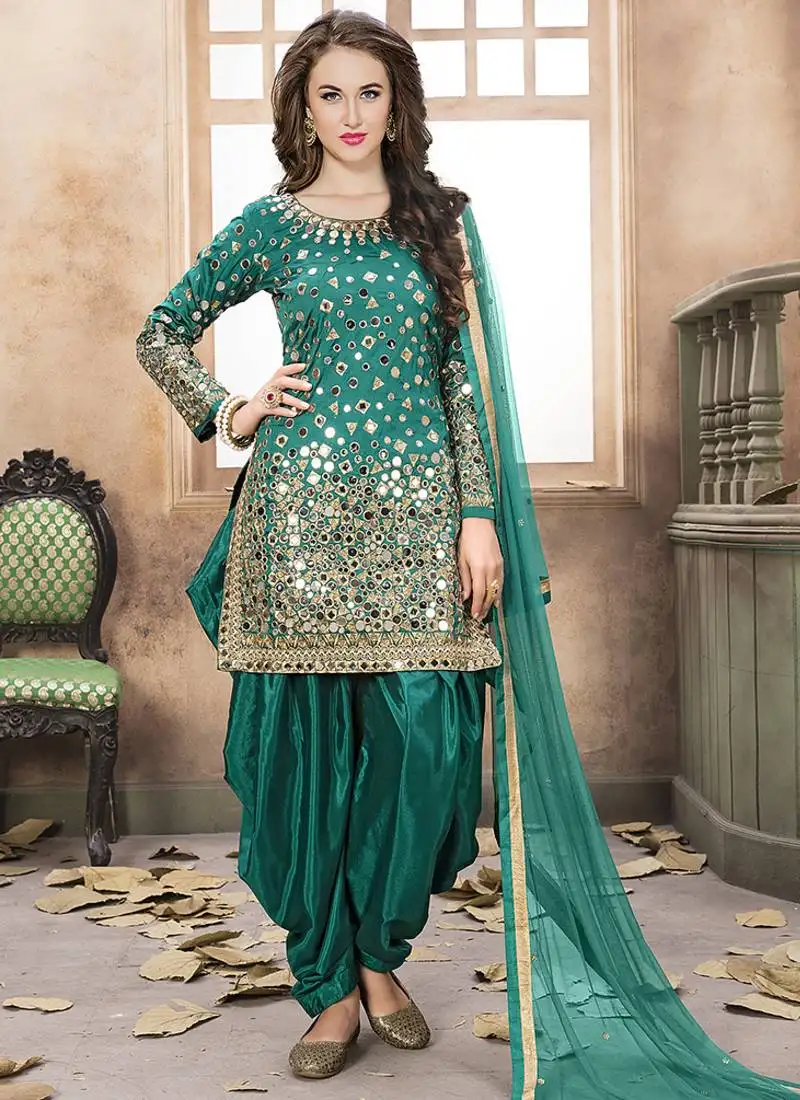 Teal green embroidered mirror work silk patiala suits semi stitched